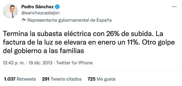 tweet del Presidente del Gobierno sobre la subida de la luz en 2013