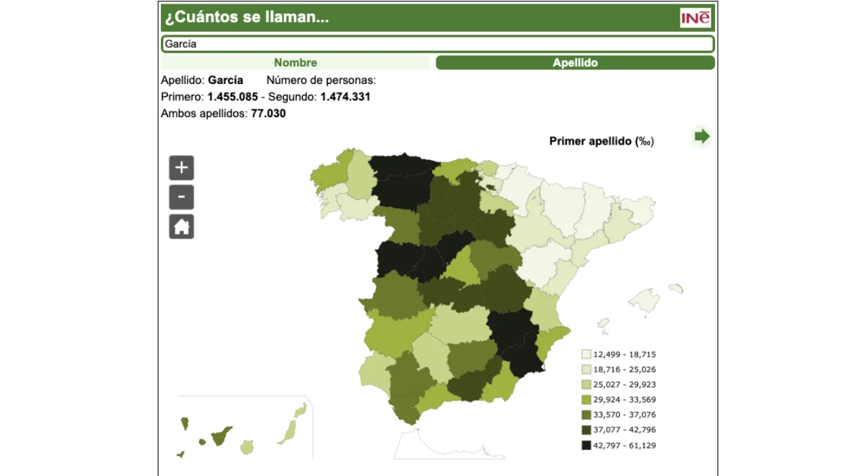 Herramienta del INE con los nombres y apellidos más comunes de España