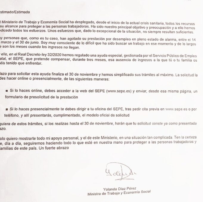 carta de la Ministra de Trabajo, Yolanda Díaz