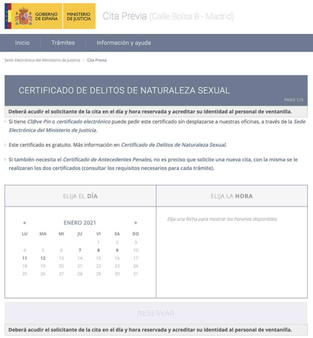 web del Ministerio de Justicia para pedir cita previa certificado de Delitos Sexuales